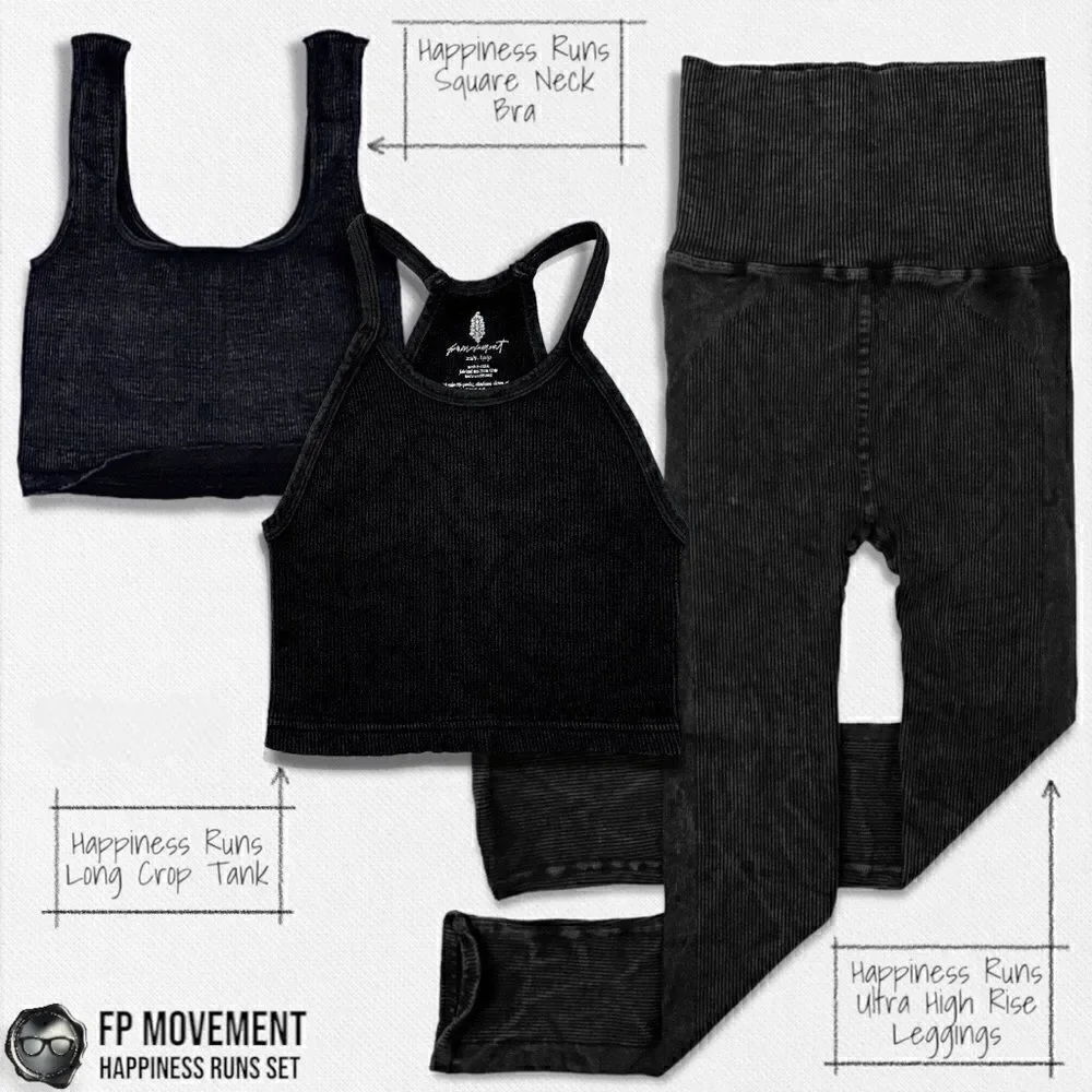 FP MOVEMENT HAPPINESS RUNS SQUARE NECK BRA + LONG TANK + HIGH RISE LEGGING BLACK - Picture 1 of 12